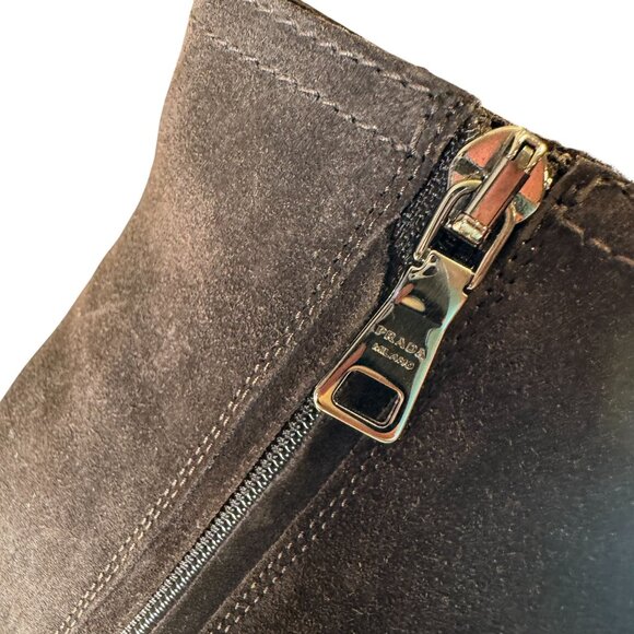 Prada Brown Suede Wedge Heel Ankle Boots Booties Size 38.5 - Picture 8 of 12